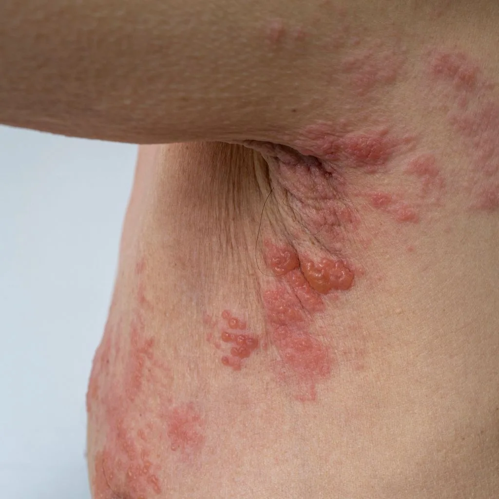 Các mảng đỏ và chùm mụn nước ở vùng sườn gần nách, một bên cơ thể