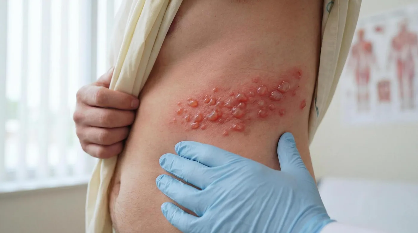 Bác sĩ đeo găng khám các chùm mụn nước ở vùng sườn của người bệnh